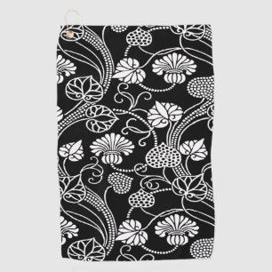 Antique Floral Pattern Black on White Golf Towel