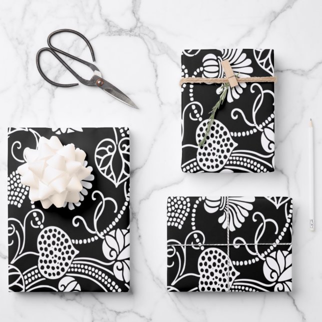 Antique Floral Pattern Black on White Wrapping Paper Sheets (Front)
