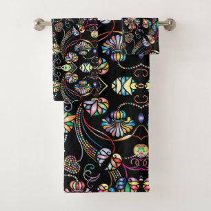Antique Floral Pattern Multi Color on Black  Bath Towel Set