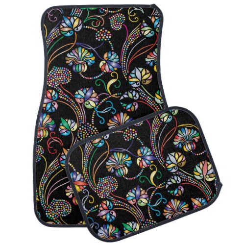 Antique Floral Pattern Multi Color on Black  Car Floor Mat