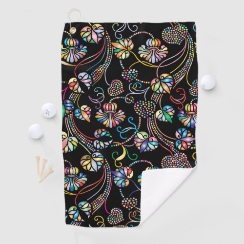Antique Floral Pattern Multi Color on Black  Golf Towel