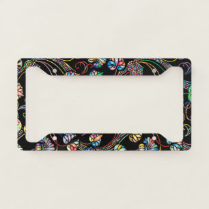 Antique Floral Pattern Multi Color on Black License Plate Frame