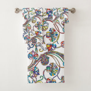 Antique Floral Pattern Multi Color on White Bath Towel Set