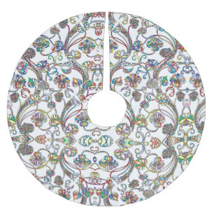 Antique Floral Pattern Multi Color on White Brushed Polyester Tree Skirt