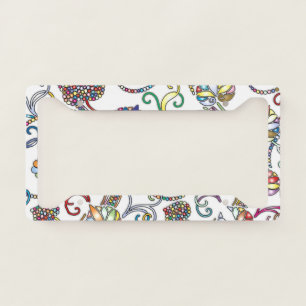 Antique Floral Pattern Multi Color on White License Plate Frame