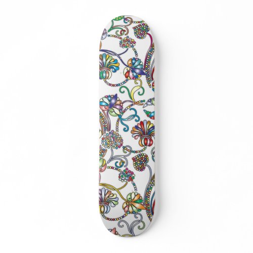 Antique Floral Pattern Multi Color on White Skateboard
