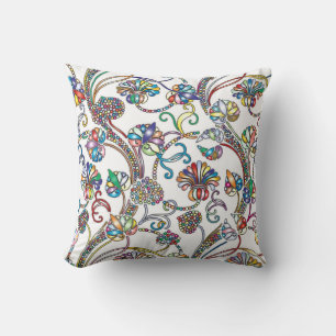 Antique Floral Pattern Multi Color on White Throw Pillow