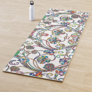 Antique Floral Pattern Multi Color on White Yoga Mat