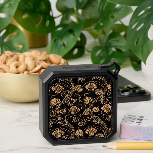 Antique Floral Pattern Orange on Black Bluetooth Speaker (Insitu(Table))