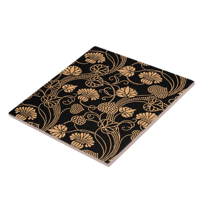 Antique Floral Pattern Orange on Black Ceramic Tile (Side)