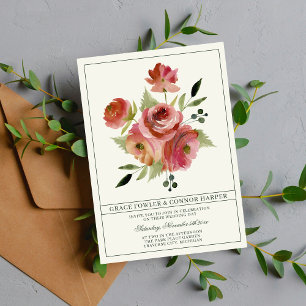Antique Floral Pink Evergreen Bouquet Wedding Invitation