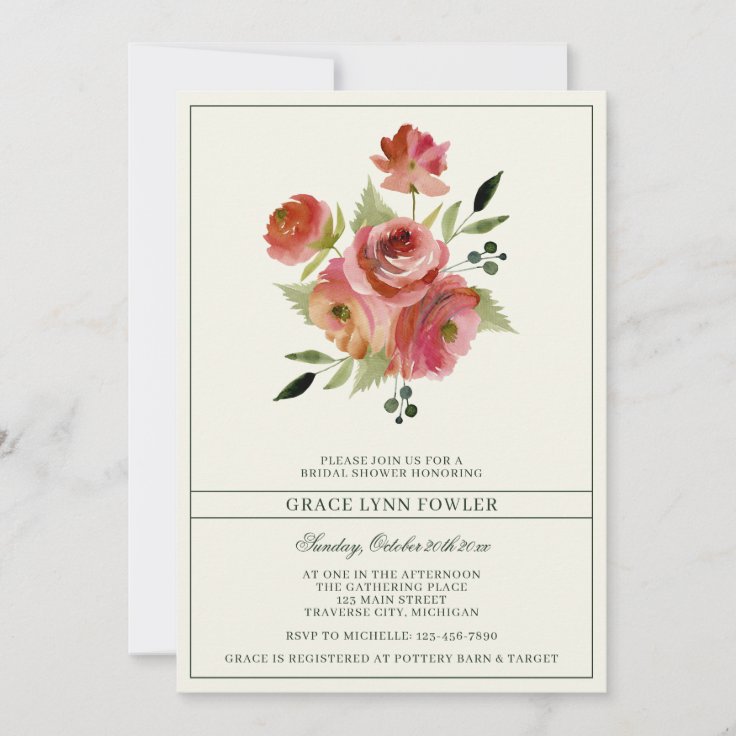 Antique Floral Pink Evergreen Flower Bridal Shower Invitation | Zazzle