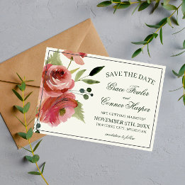 Antique Floral Pink Evergreen Watercolor Wedding Save The Date