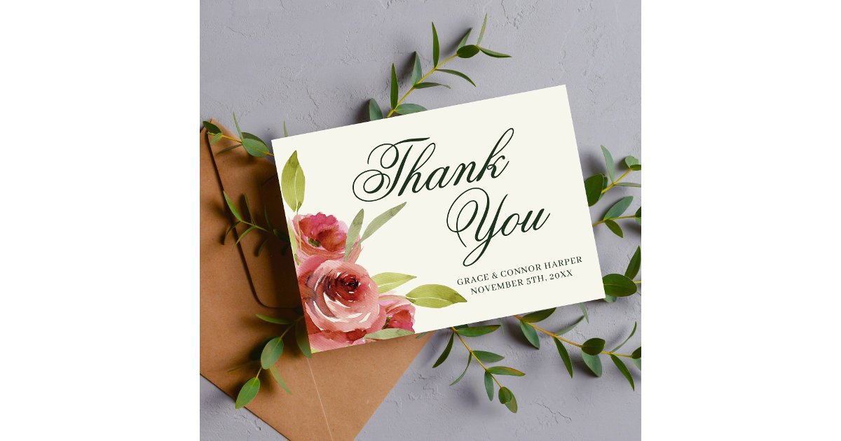 Antique Floral Pink Evergreen Watercolor Wedding Thank You Card | Zazzle