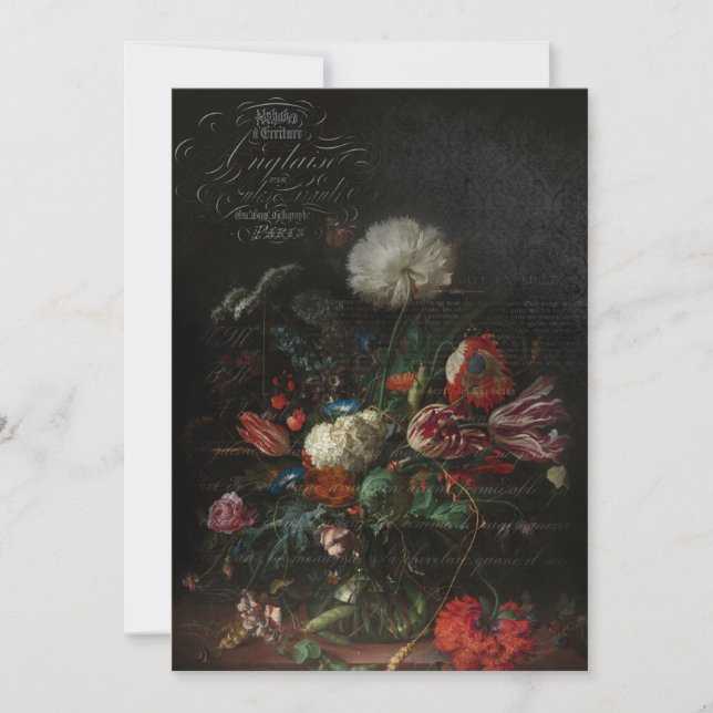 Antique Floral Still Life & French Script Note Card (Front)