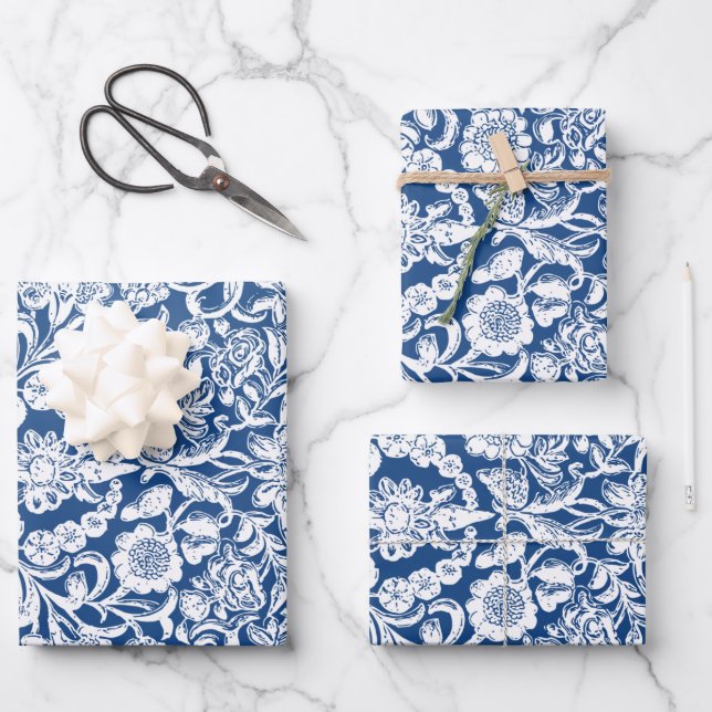Antique Floral white blue Wrapping Paper Sheets (Front)