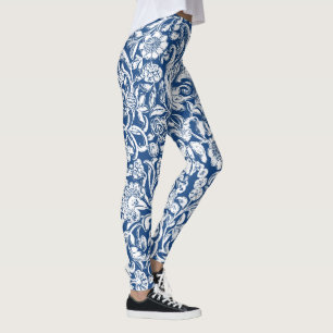 Antique Floral white on blue Leggings