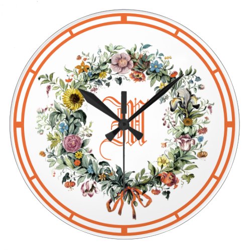 Antique Floral Wreath Monogram Large Clock