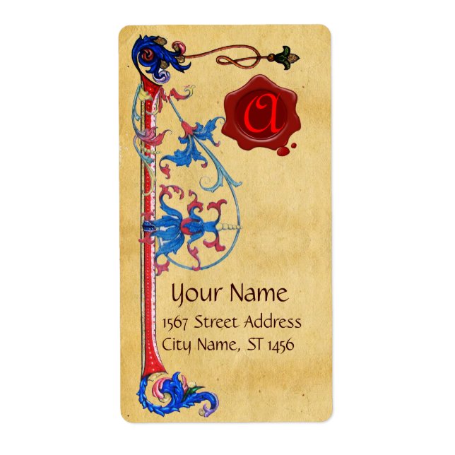 ANTIQUE FLORENTINE PARCHMENT RED WAX SEAL MONOGRAM LABEL (Front)
