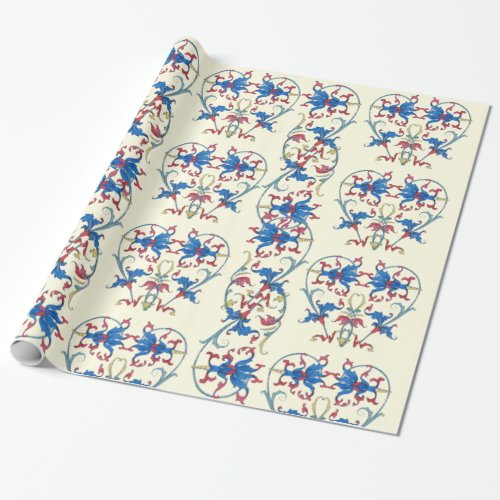 ANTIQUE FLORENTINE RED BLUE FLORAL HEART MOTIFS WRAPPING PAPER