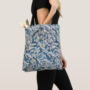 ANTIQUE FLORENTINE TEAL BLUE FLORAL,PEACOCKS,BIRDS TOTE BAG