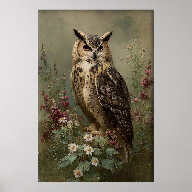 Antique Flower Owl Print, Moody Bird Botanical Cot Poster (Front)