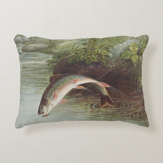 Antique Fly Fishing Leaping Brook Trout Print Accent Pillow (Front)
