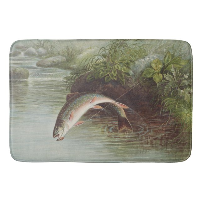 Antique Fly Fishing Leaping Brook Trout Print Bath Mat (Front)