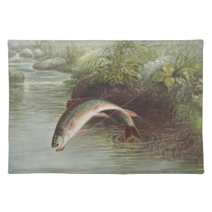 Antique Fly Fishing Leaping Brook Trout Print Cloth Placemat