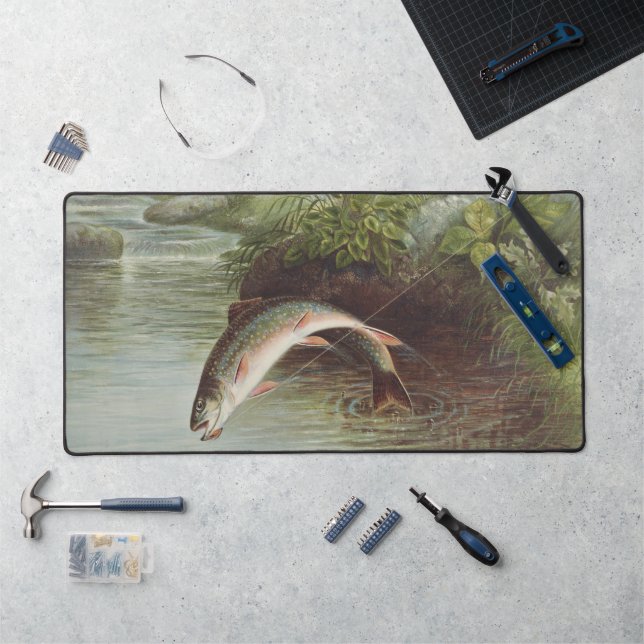 Antique Fly Fishing Leaping Brook Trout Print Desk Mat (Workstation)