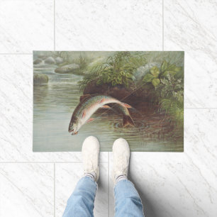 Antique Fly Fishing Leaping Brook Trout Print Doormat