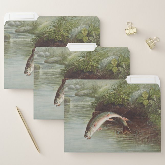 Antique Fly Fishing Leaping Brook Trout Print File Folder (Set)