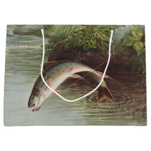 Antique Fly Fishing Leaping Brook Trout Print Large Gift Bag