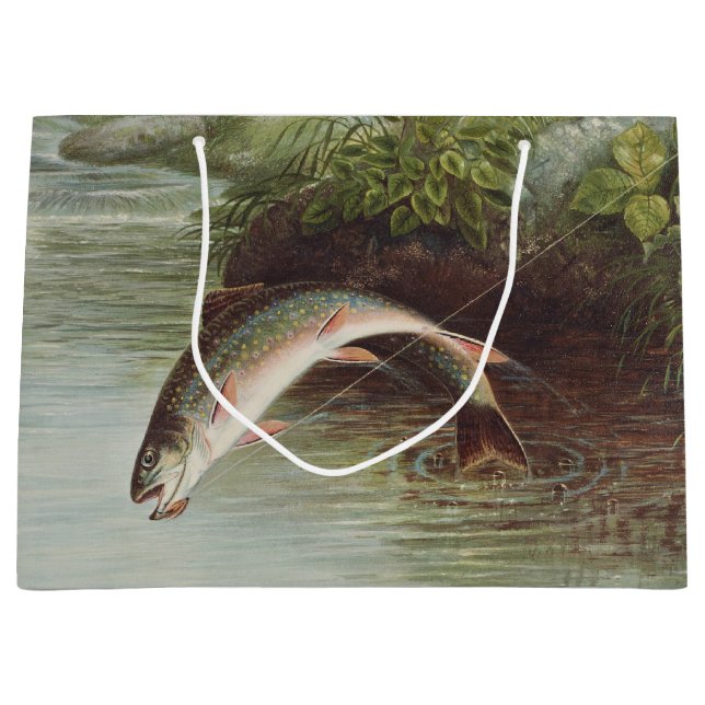 Antique Fly Fishing Leaping Brook Trout Print Large Gift Bag (Front)