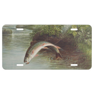Antique Fly Fishing Leaping Brook Trout Print License Plate