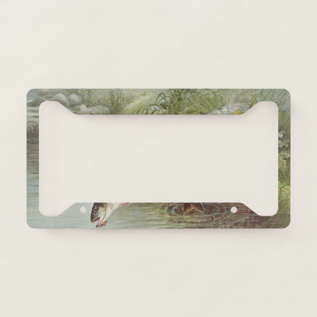 Antique Fly Fishing Leaping Brook Trout Print License Plate Frame (Front)
