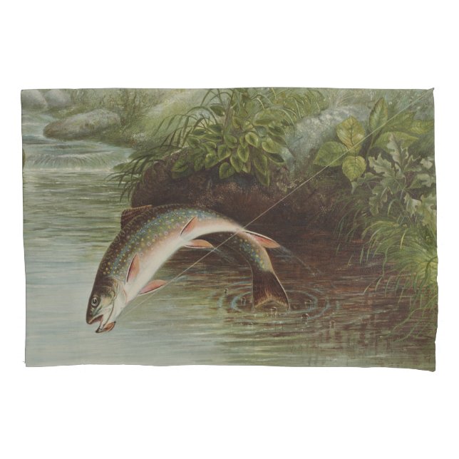Antique Fly Fishing Leaping Brook Trout Print Pillow Case (Front)
