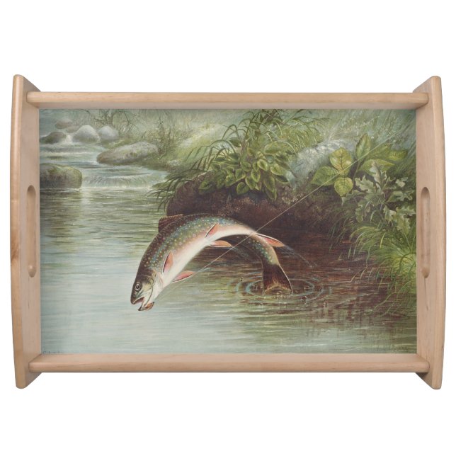 Antique Fly Fishing Leaping Brook Trout Print Serving Tray (Front)