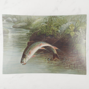 Antique Fly Fishing Leaping Brook Trout Print Trinket Tray