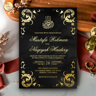 Antique Frame Black Islamic Wedding Gold Foil Invitation