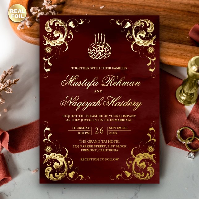 Antique Frame Burgundy Red Islamic Wedding Gold Foil Invitation (Creator Uploaded)