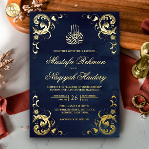 Antique Frame Navy Blue Islamic Wedding Gold Foil Invitation