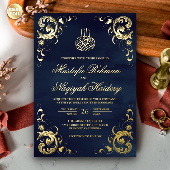 Antique Frame Navy Blue Islamic Wedding Gold Foil Invitation (Creator Uploaded)