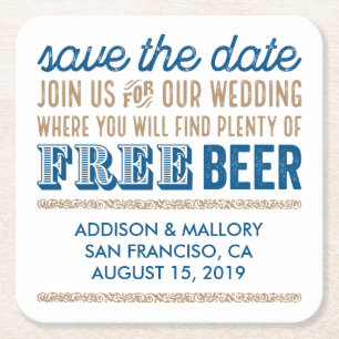 Antique Free Beer Save the Date Square Paper Coaster