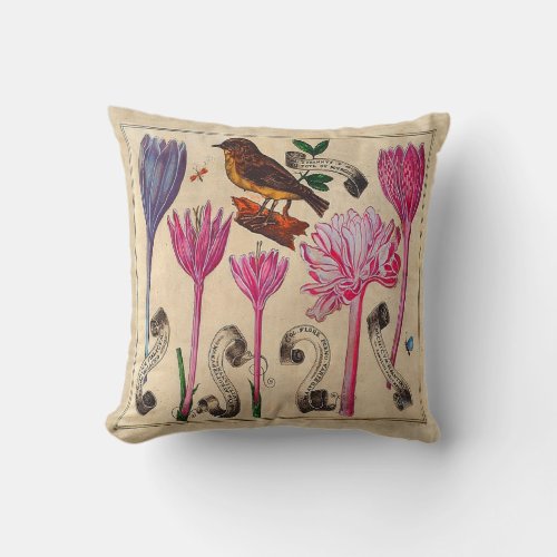 Antique French Botanical Floral Print with Bird Throw Pillow