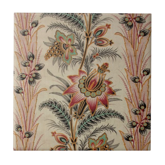 Antique French Flower Feather Pattern Ceramic Tile (Front)