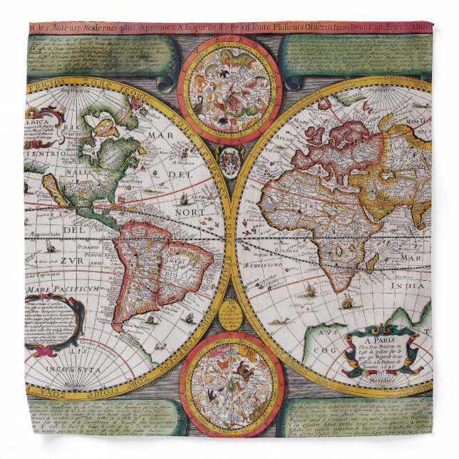 Antique French Map of The World Bandana (Front)
