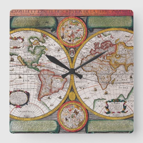 Antique French Map of The World Square Wall Clock
