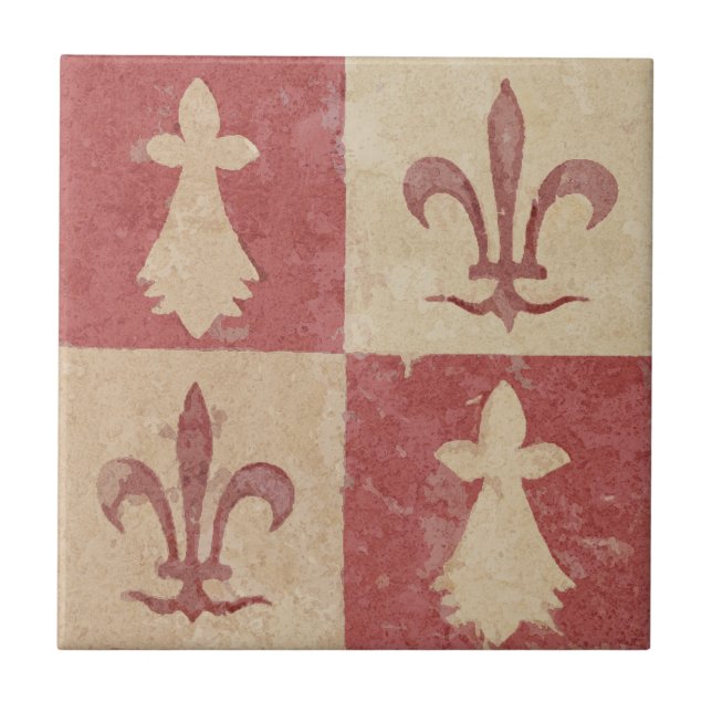 Antique French Mediaeval Fleur de Lis Pattern Ceramic Tile (Front)