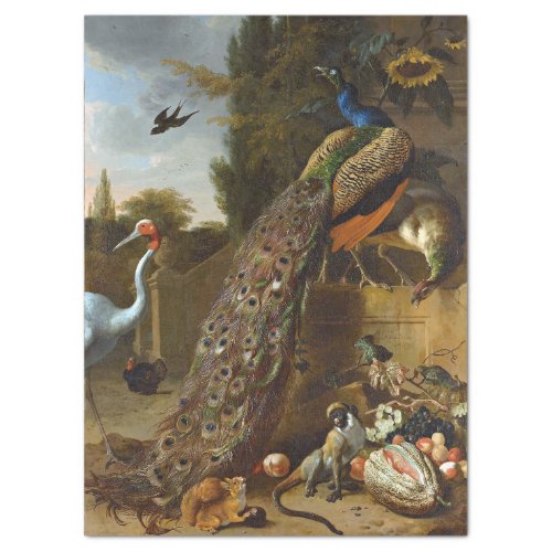 ANTIQUE FRENCH PEACOCKS PAINTING TISSUE PAPER
